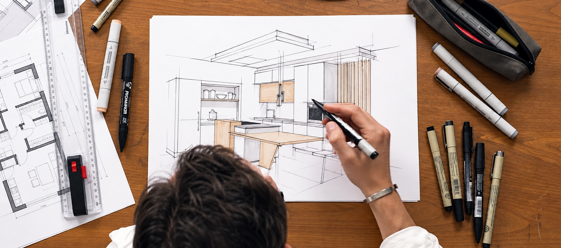 Emmanuel Vagner en train de dessiner une cuisine sur mesure